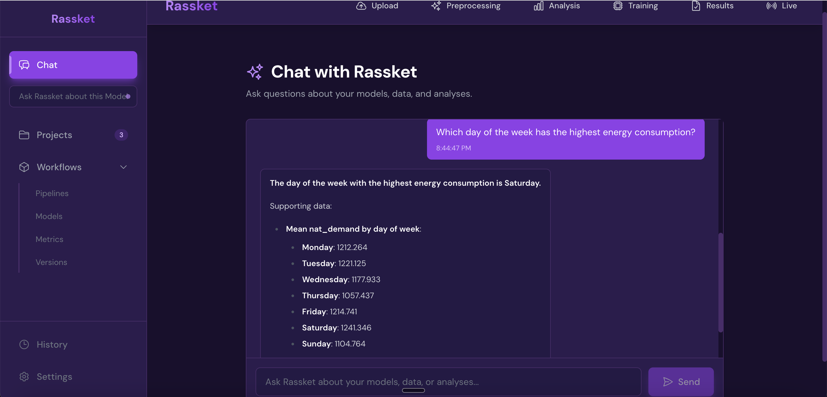 Rassket natural language query interface showing a user asking a question about forecast results in plain English