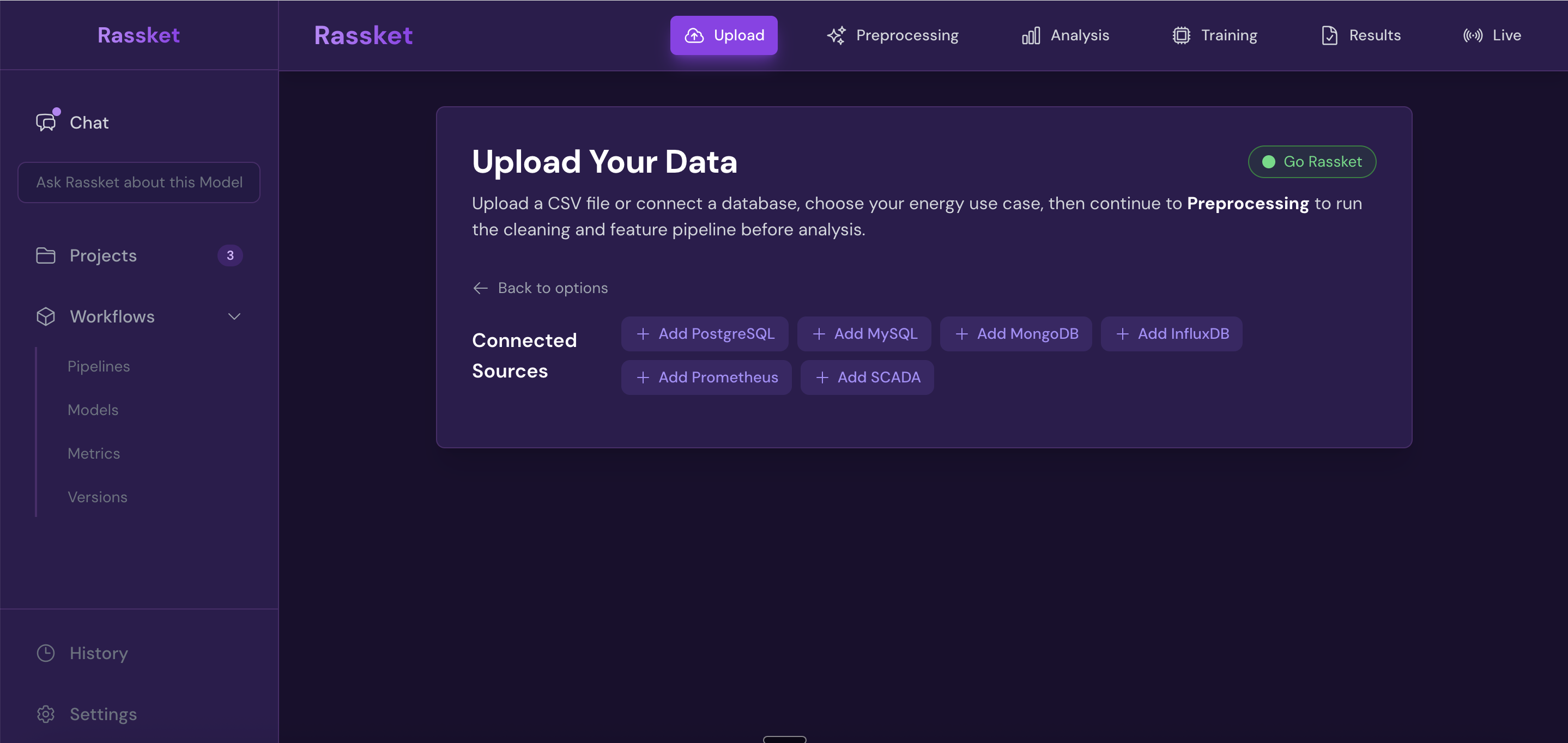 Rassket database connection screen showing connector options including SCADA, PostgreSQL, InfluxDB, MySQL, MongoDB, and Prometheus