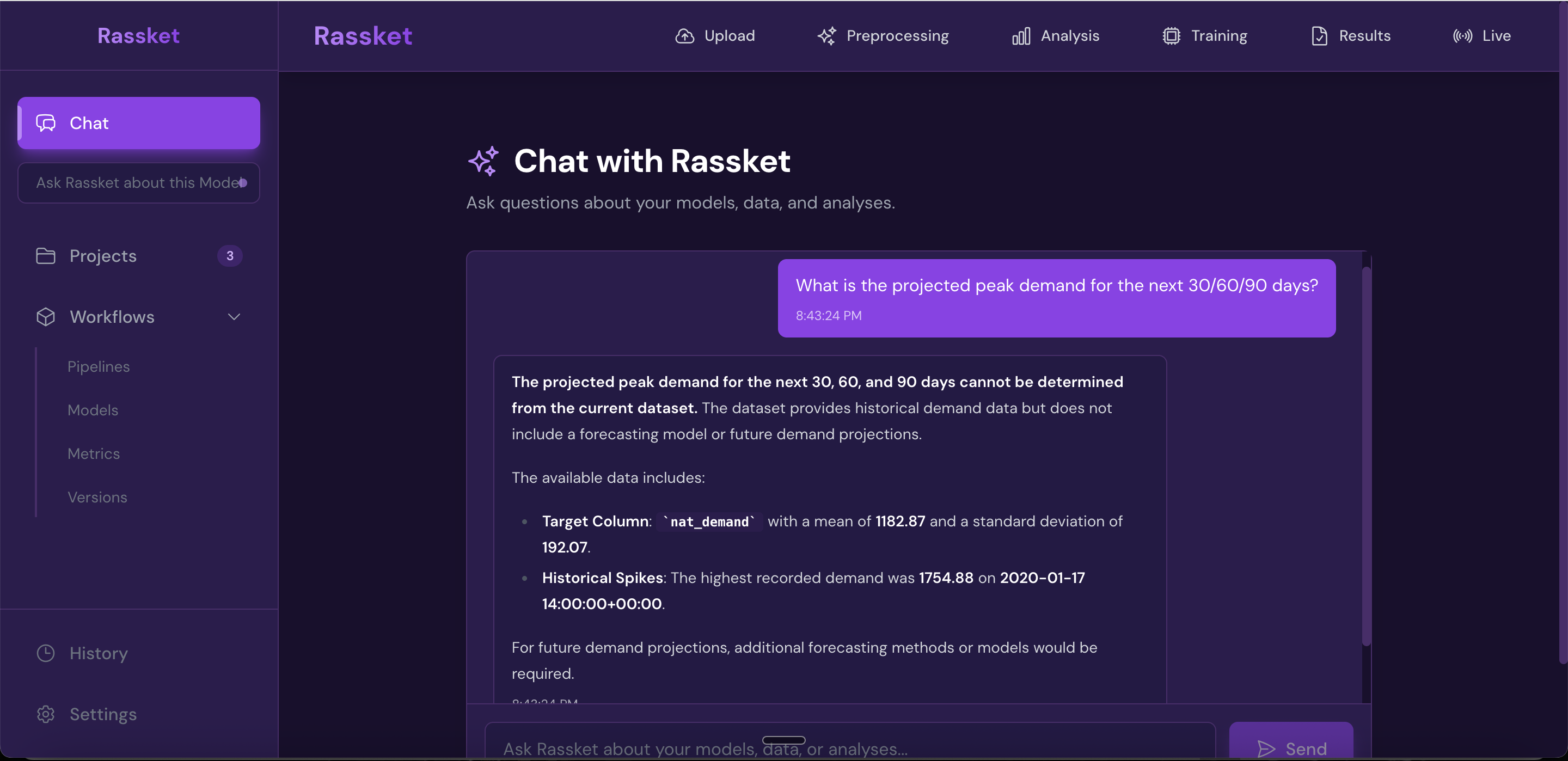 Rassket decision simulation screen showing what-if scenario chat interface with natural language responses