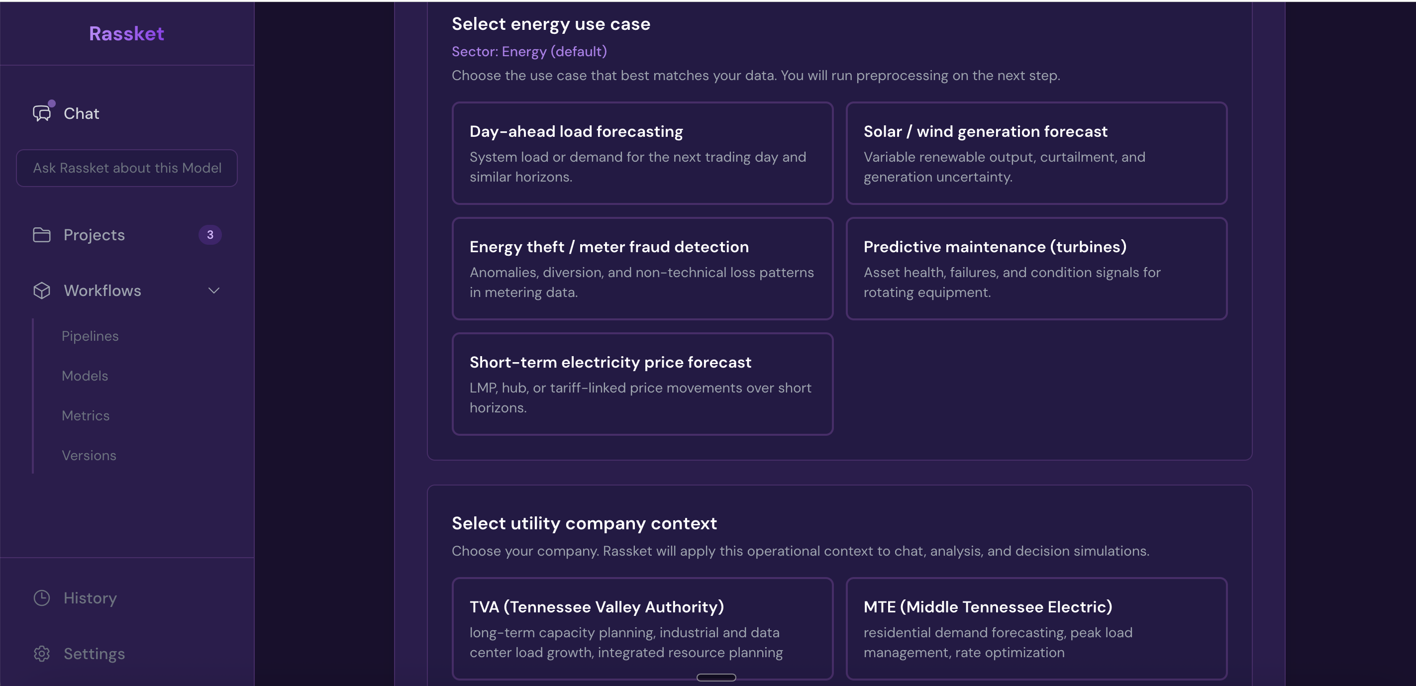 Rassket domain selection screen showing five energy use case options and utility company context selector