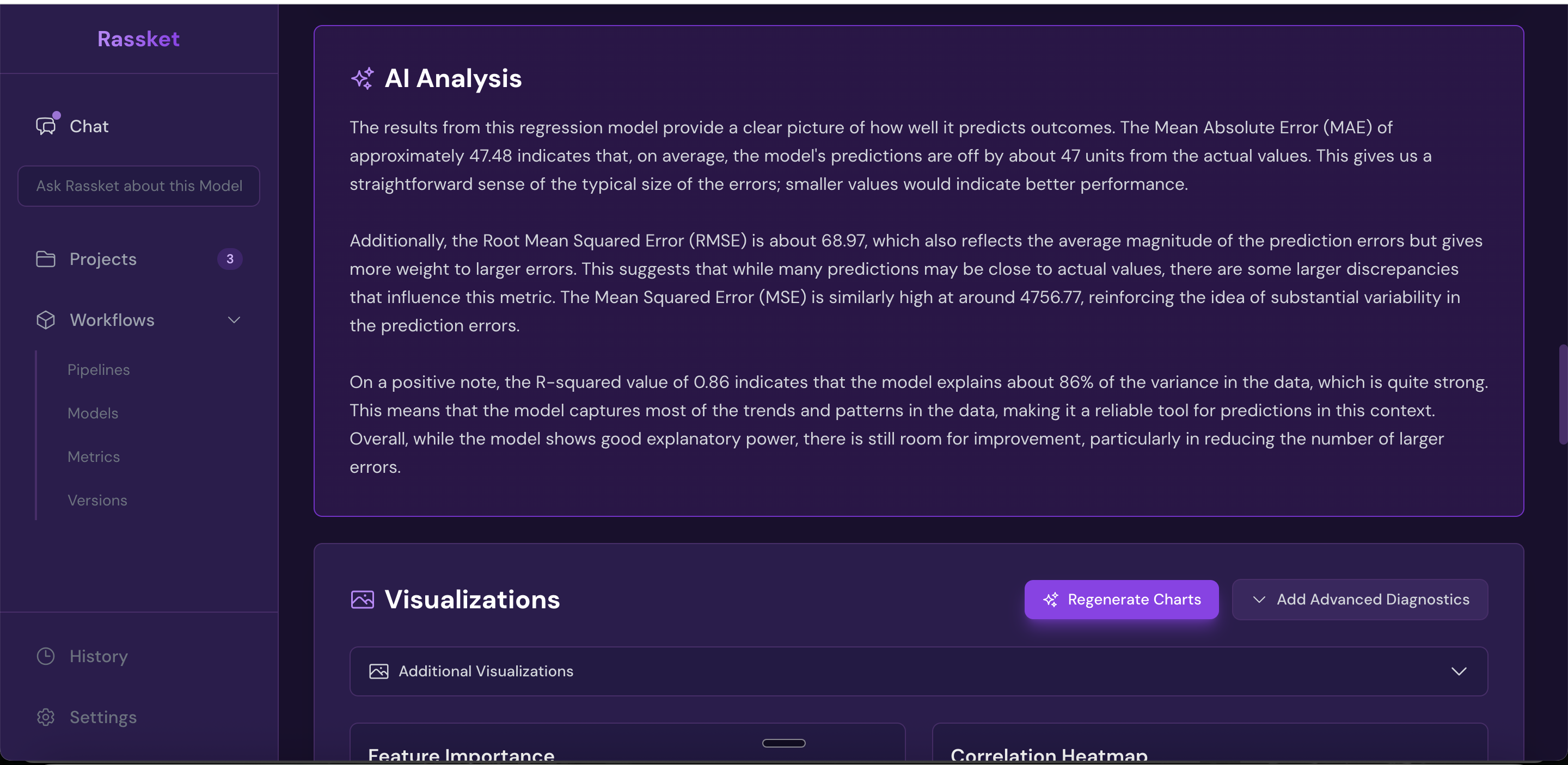 Rassket model analysis results showing detailed forecast accuracy metrics and performance breakdown