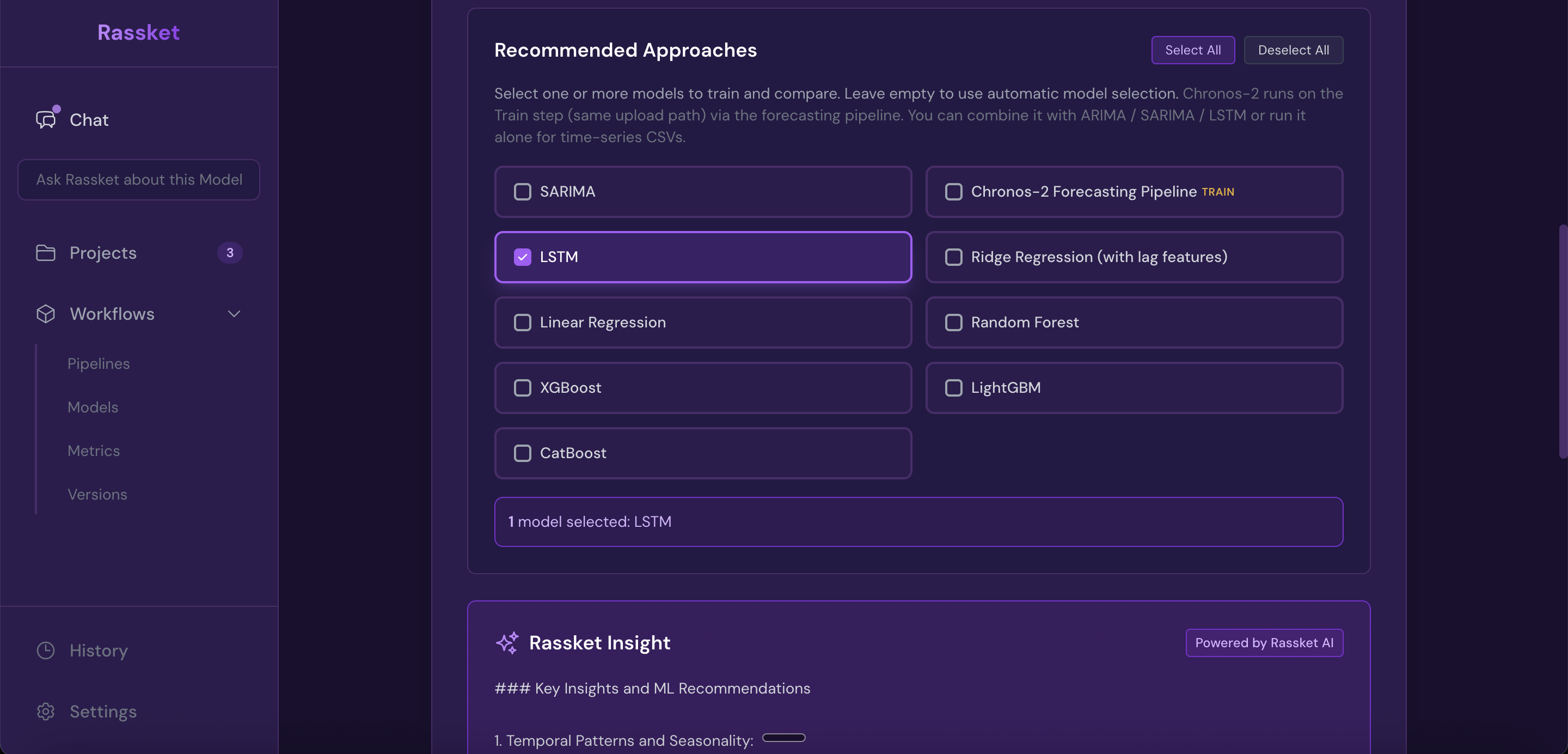 Rassket prediction model selection screen showing available model types with recommended options highlighted