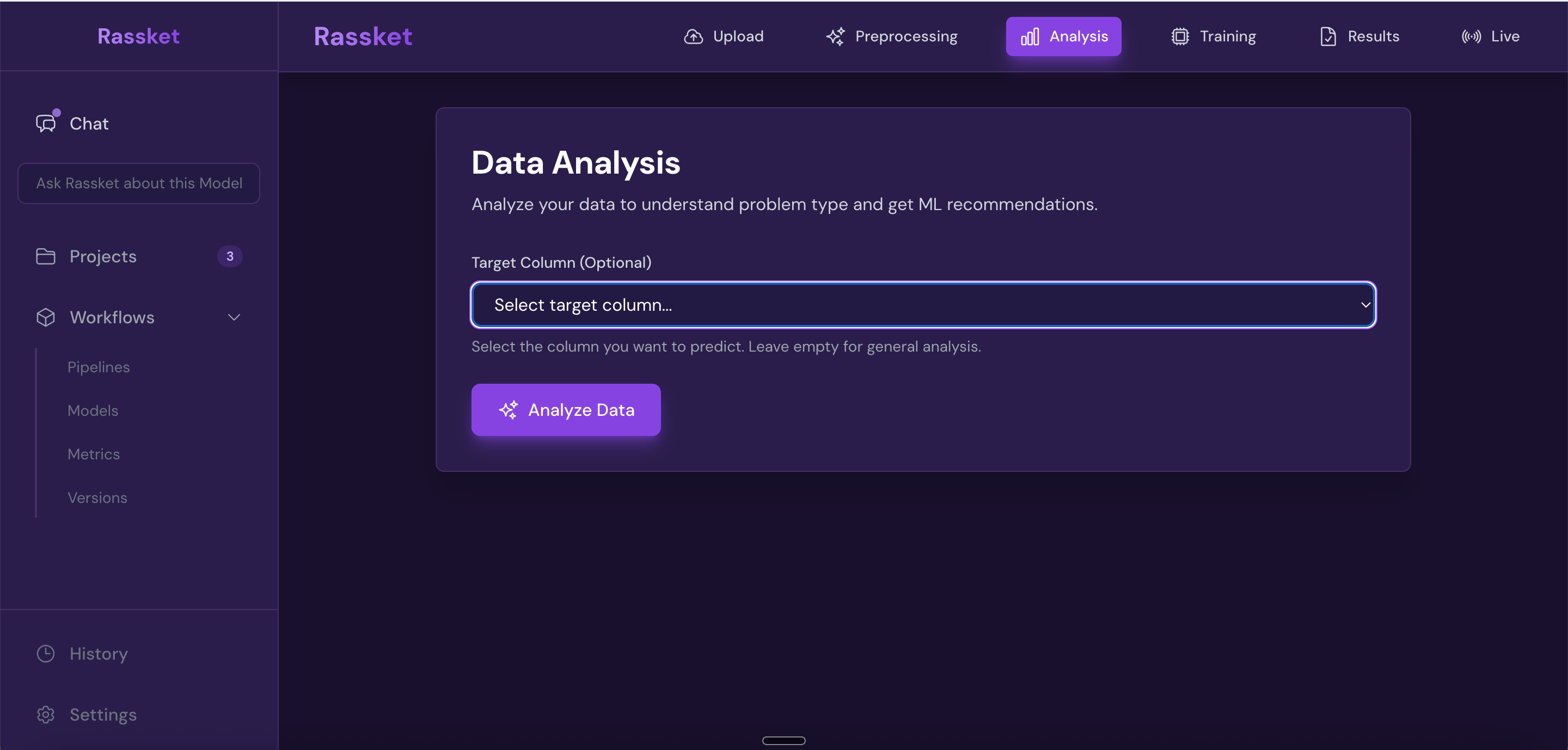 Rassket outcome selection screen showing forecast output options and target variable summary