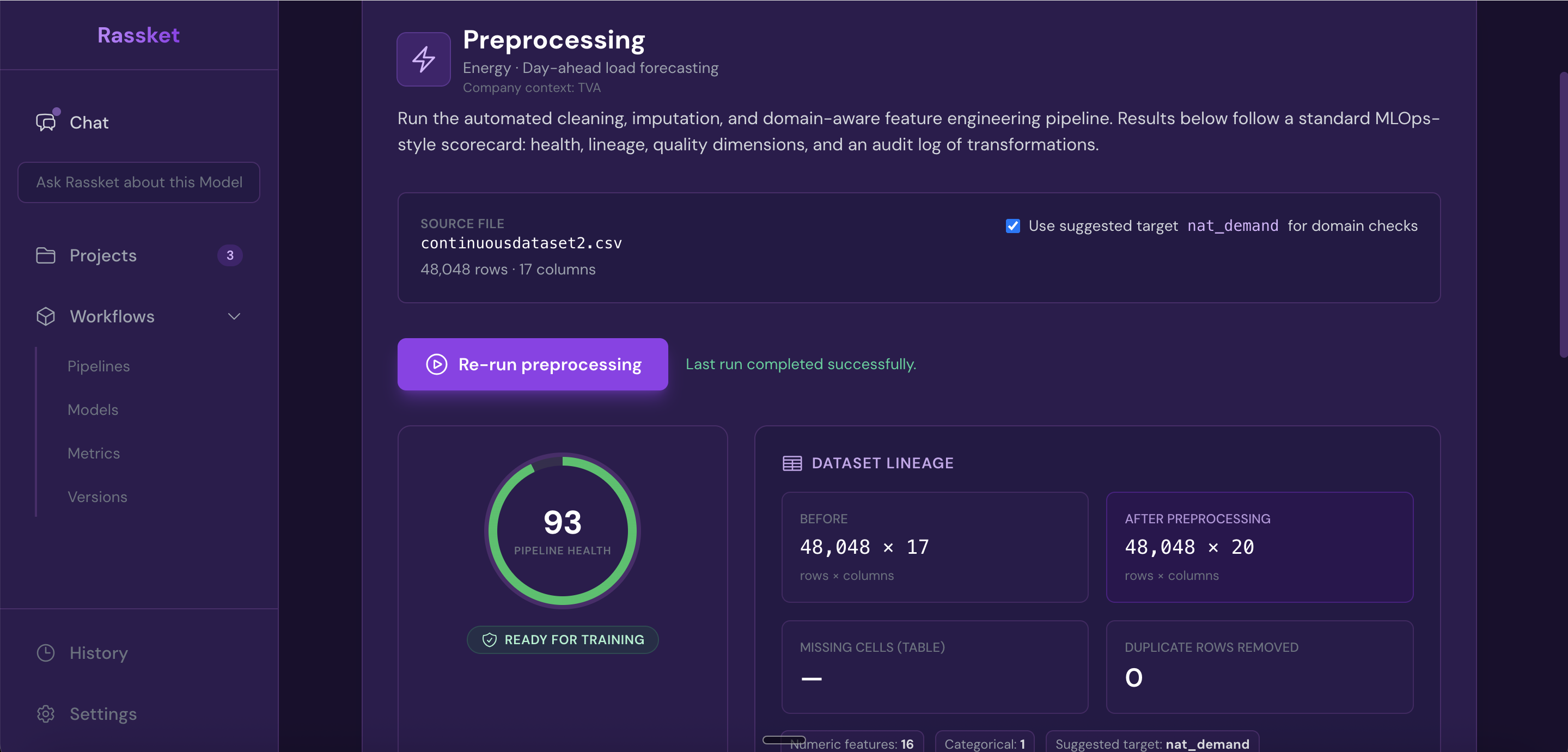 Rassket preprocessing screen showing data validation status, missing value summary, and feature detection results