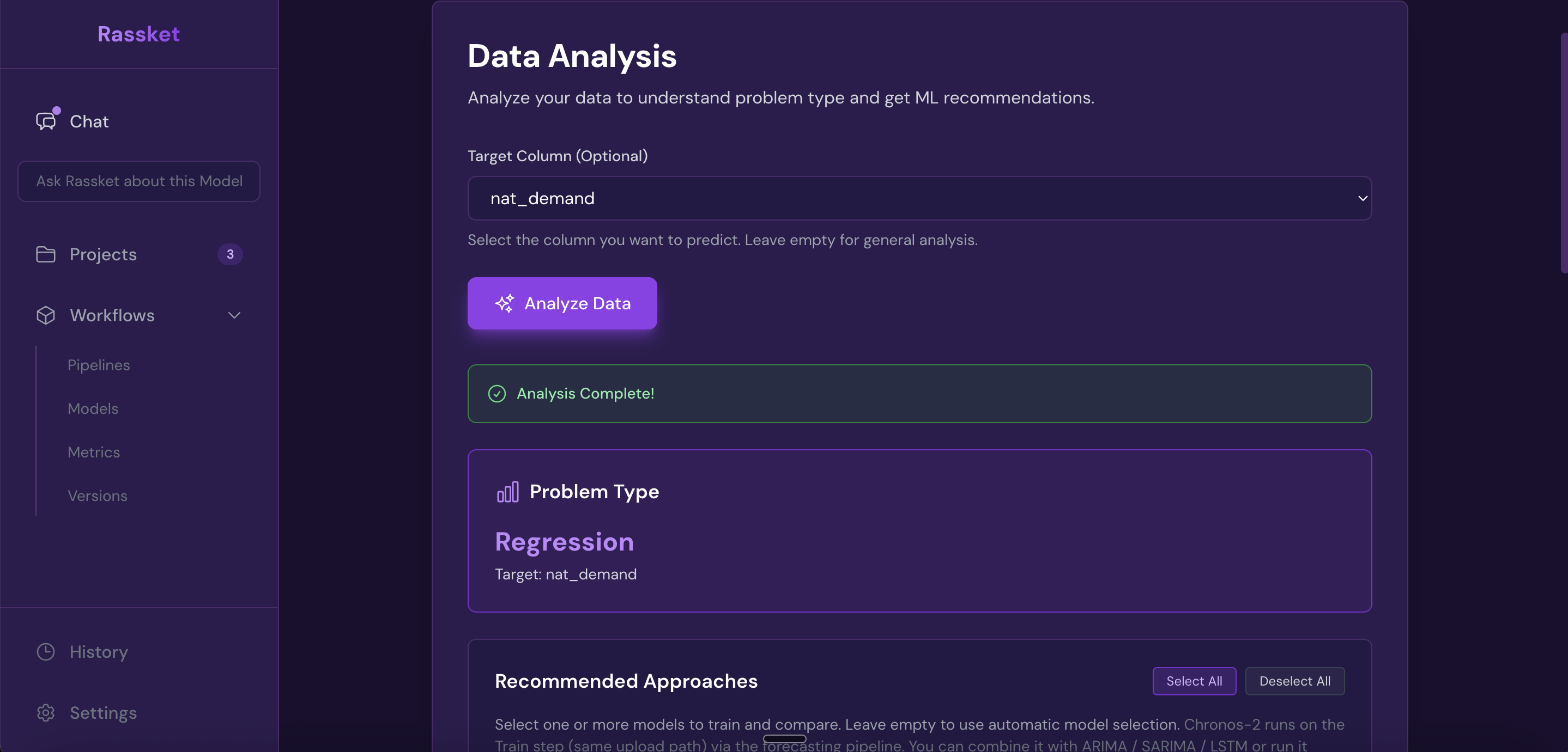 Rassket problem type detection screen showing automatic identification of regression vs classification