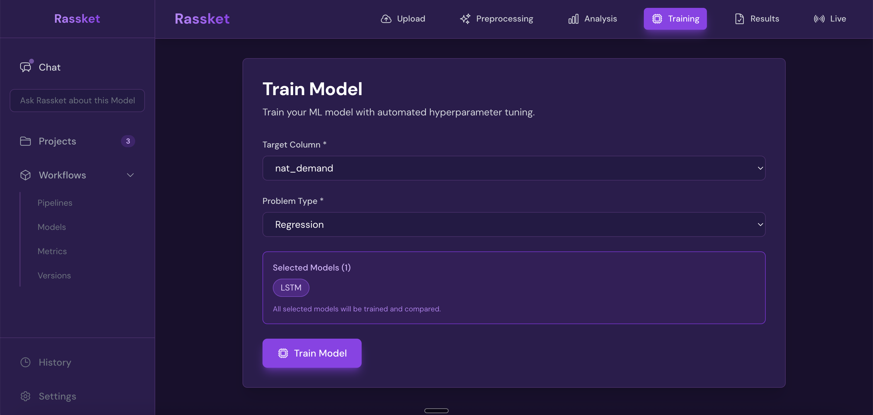 Rassket model configuration screen showing target column selection and training options