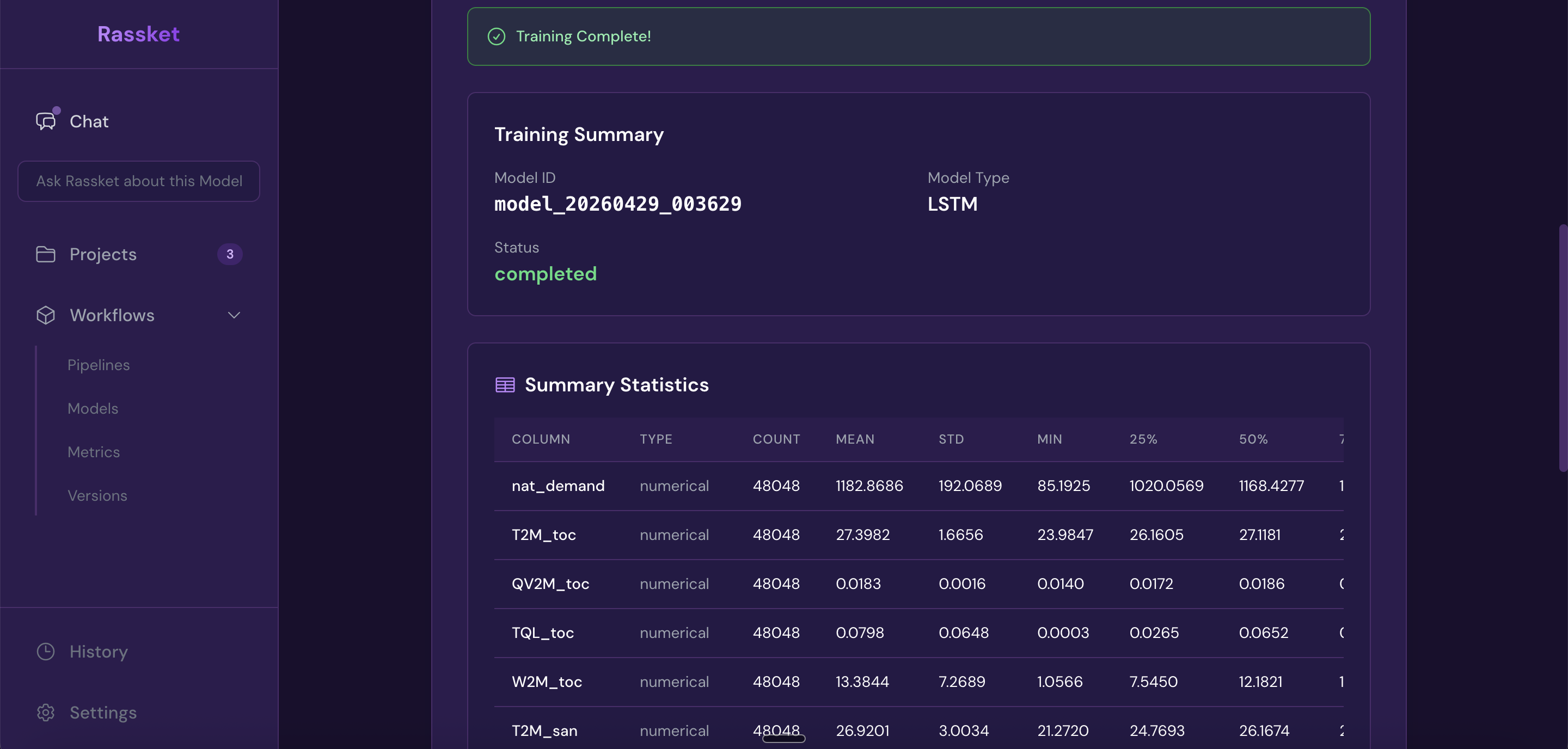 Rassket training complete screen showing model summary and initial performance metrics