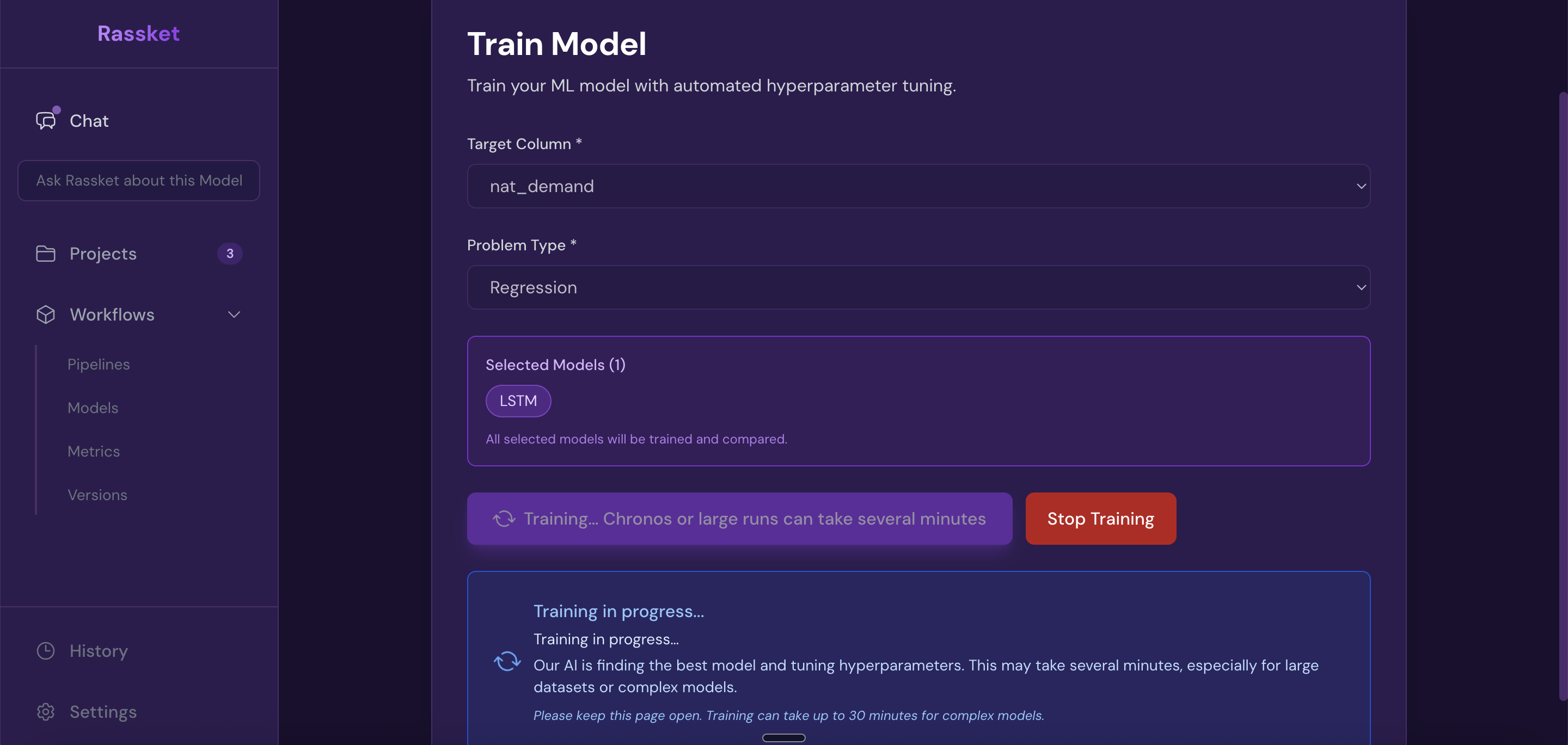 Rassket training progress screen showing live progress bar and current training status