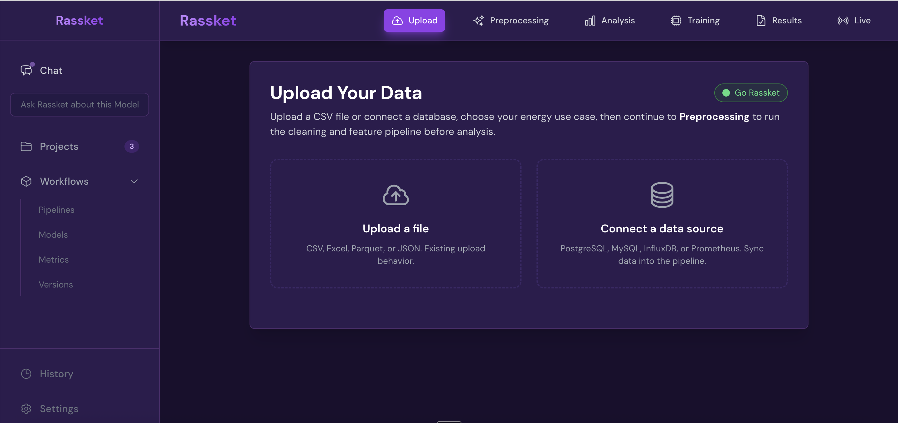 Rassket file upload screen showing drag and drop area for CSV, Excel, Parquet, and JSON files